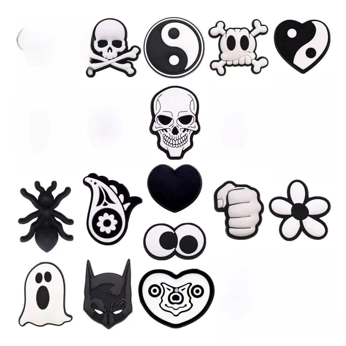 Breloques de chaussures en PVC, ton noir et blanc Original, décorations mort fantôme crâne Taichi, boucle supérieure de chaussure, accessoires cadeaux pour amis, 1 pièce