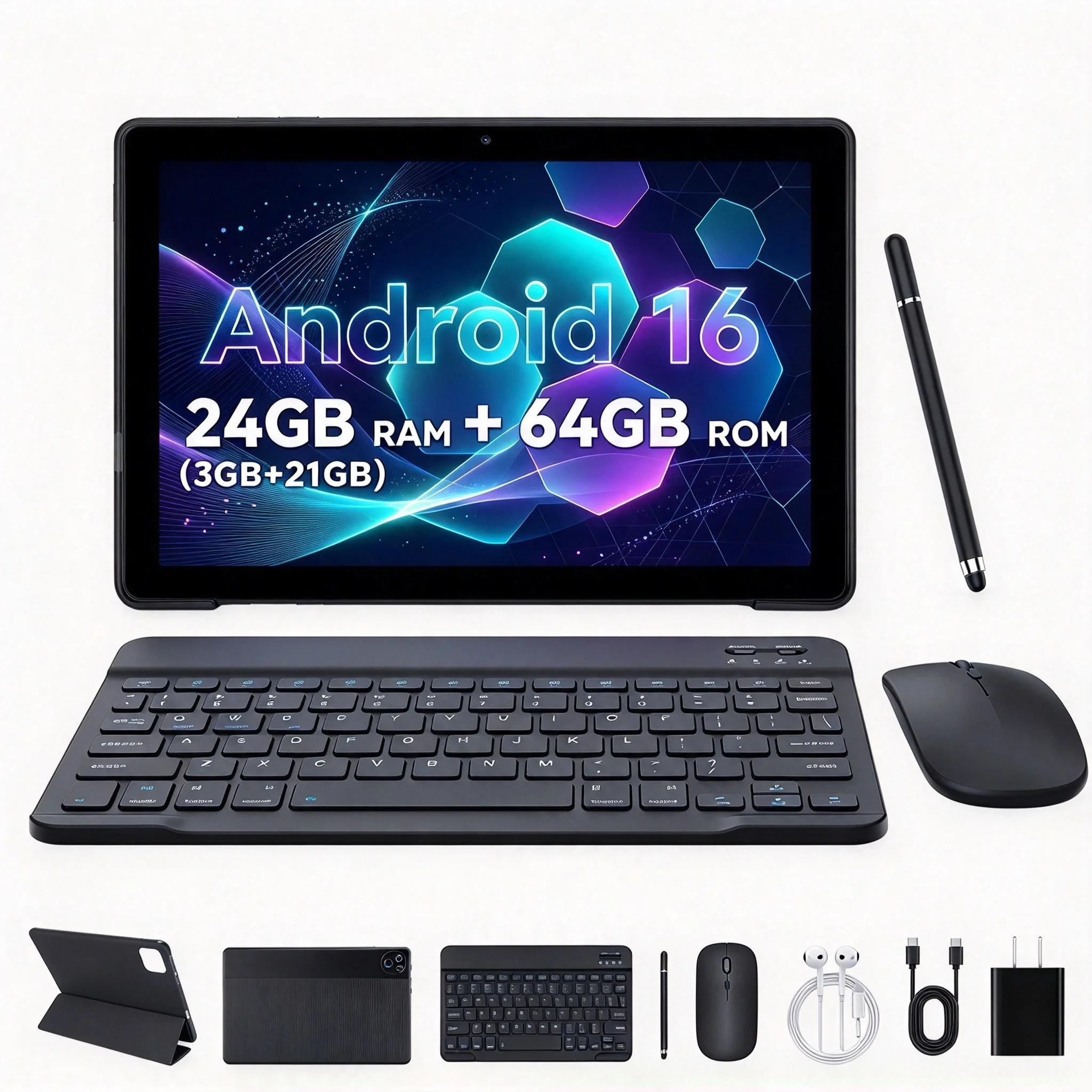 KB1001L 10.1" Tablet Android 16 24Gb(3Gb+21Gb) Ram 64Gb Rom 1280x800 Display 5-Core Cpu 1TB Expansion 6000mAh Battery 5MP+8MP Full Set With Keyboard Case Mouse Stylus Earphones