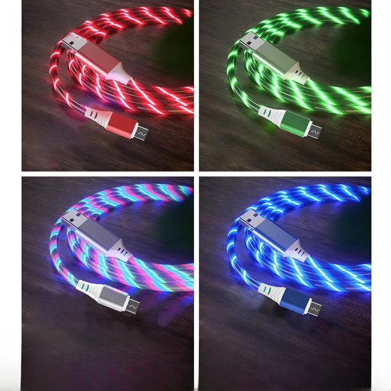 Câble de charge rapide micro USB avec lumière LED, fil de chargeur de téléphone brillant, type C, graphite A, iPhone 14, 13 Pro Max, Samsung, Xiaomi