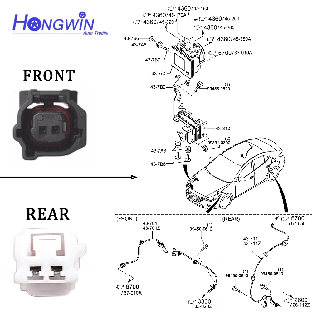 Adatto a Mazda 3 (BM, BN) L4 2.0L 2.5L 2014-2018 ABS sensore di velocità ruota posteriore anteriore B45G-43-71Y B45A-43-70X B45A-43-70XA B45A 43 70XA