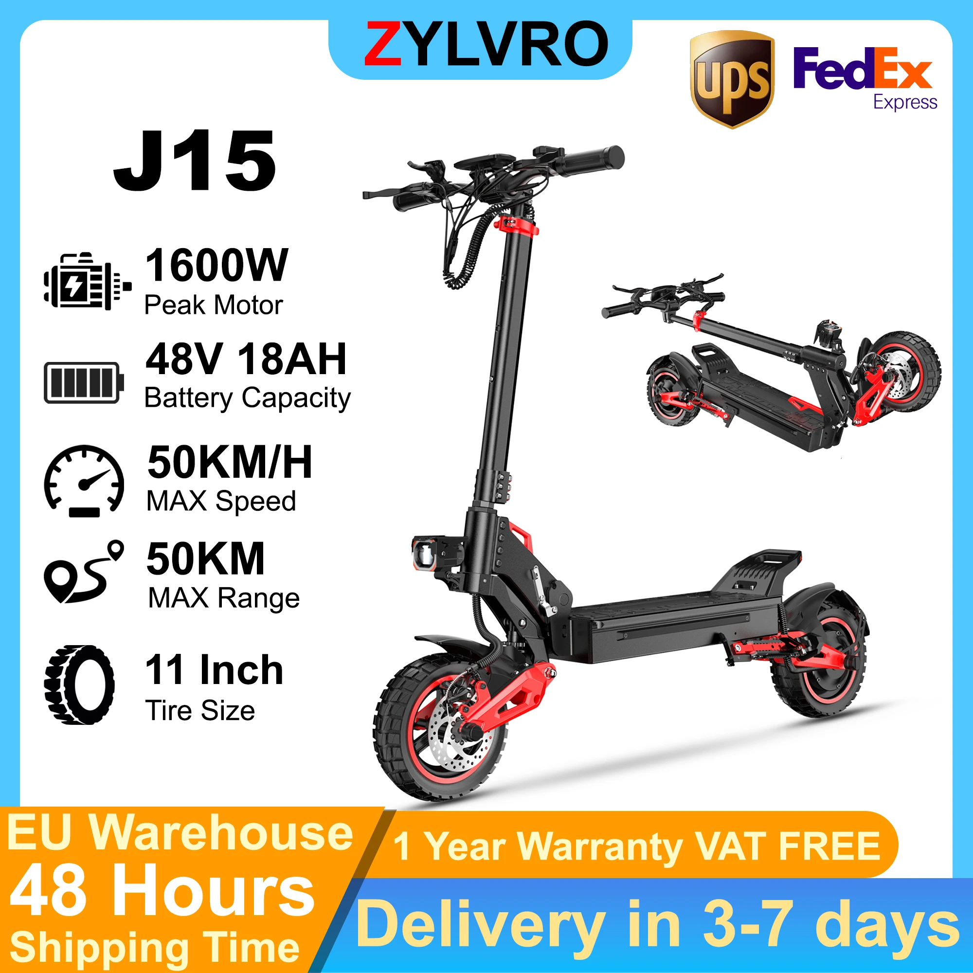 ZYLVRO J15 E-Scooter, 1600W Motor, 48V 18Ah Batterie, 11“ Fat Tire, Vollfederung, Hydraulische Bremsen, Höchstgeschwindigkeit 50km/h, maximale Reichweite 50km.