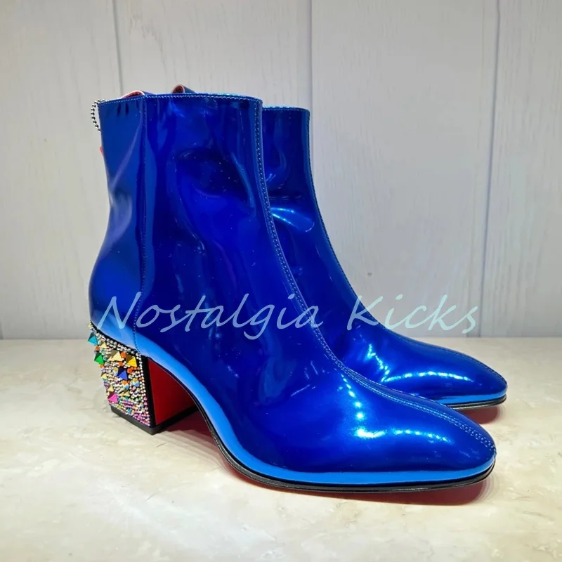 Casual Men's Dark Blue Patent Leather Ankle Length Boots Colorful Rhinestone Embellished Heels Stylish Footwear Modern Boots