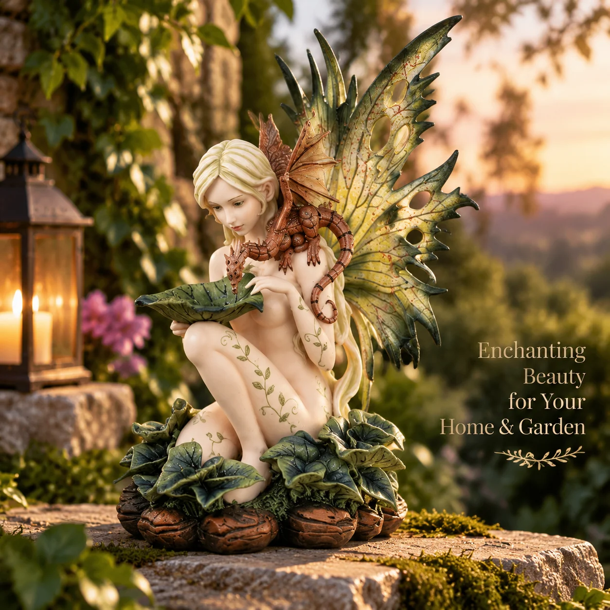 Fairy Dragon Garden Statue 13 Inch, Fantasy Fae Pixie Sculpture, Large Outdoor Garden Decor Figurine, Enchanted Forest Creature Ornament for Patio Yard Lawn Home Decoration