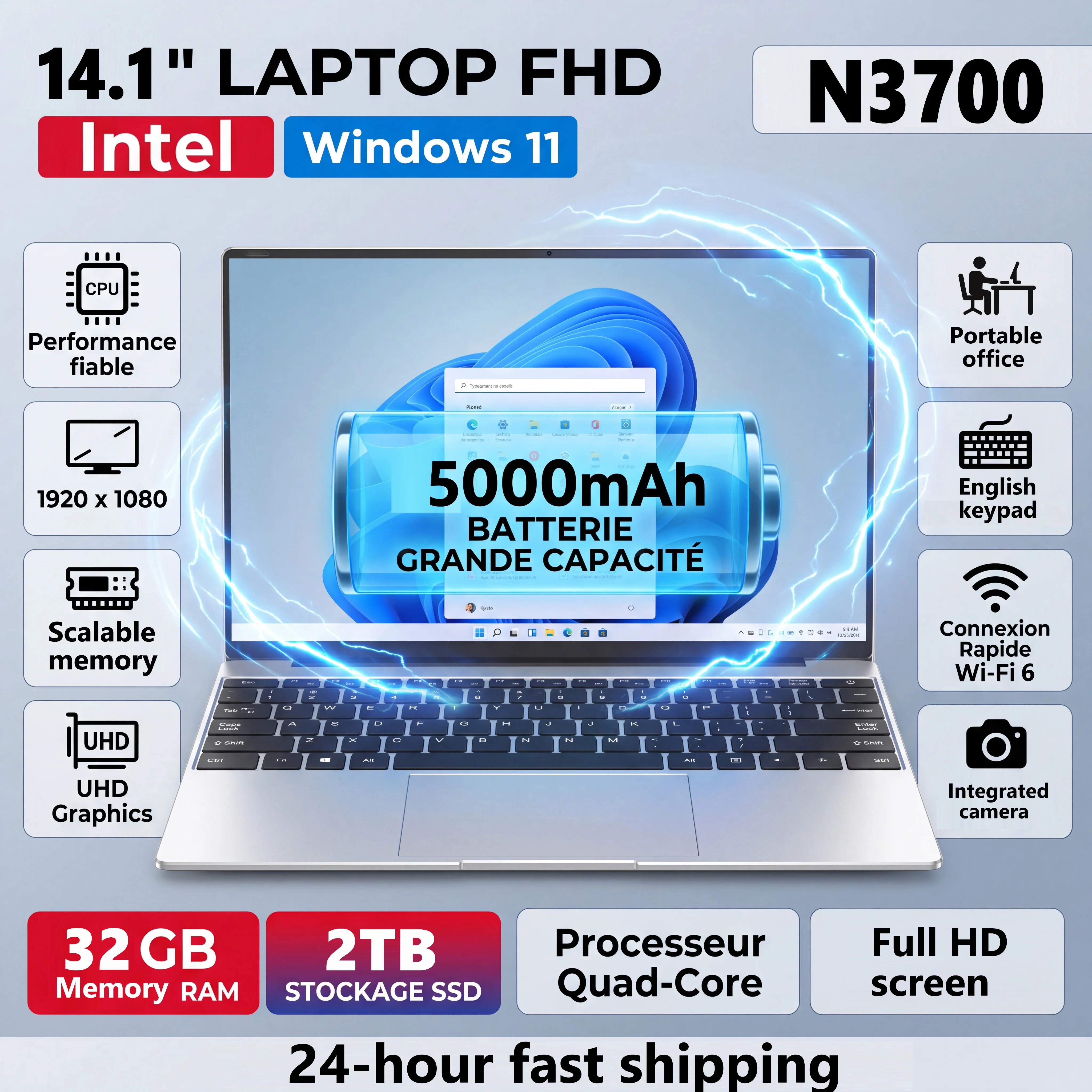 Ordinateur portable LENO Ultrabook 14,1 pouces, Windows 11, processeur Intel Pentium N3700, 16 Go/32 Go de RAM, SSD 512 Go/2 To, ordinateur de bureau