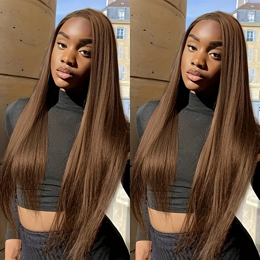 200% Density 13x4 Chocolate Brown Straight Human Hair Lace Front Wig 100% Human Hair 13x4 Lace Frontal Wig for Black Women