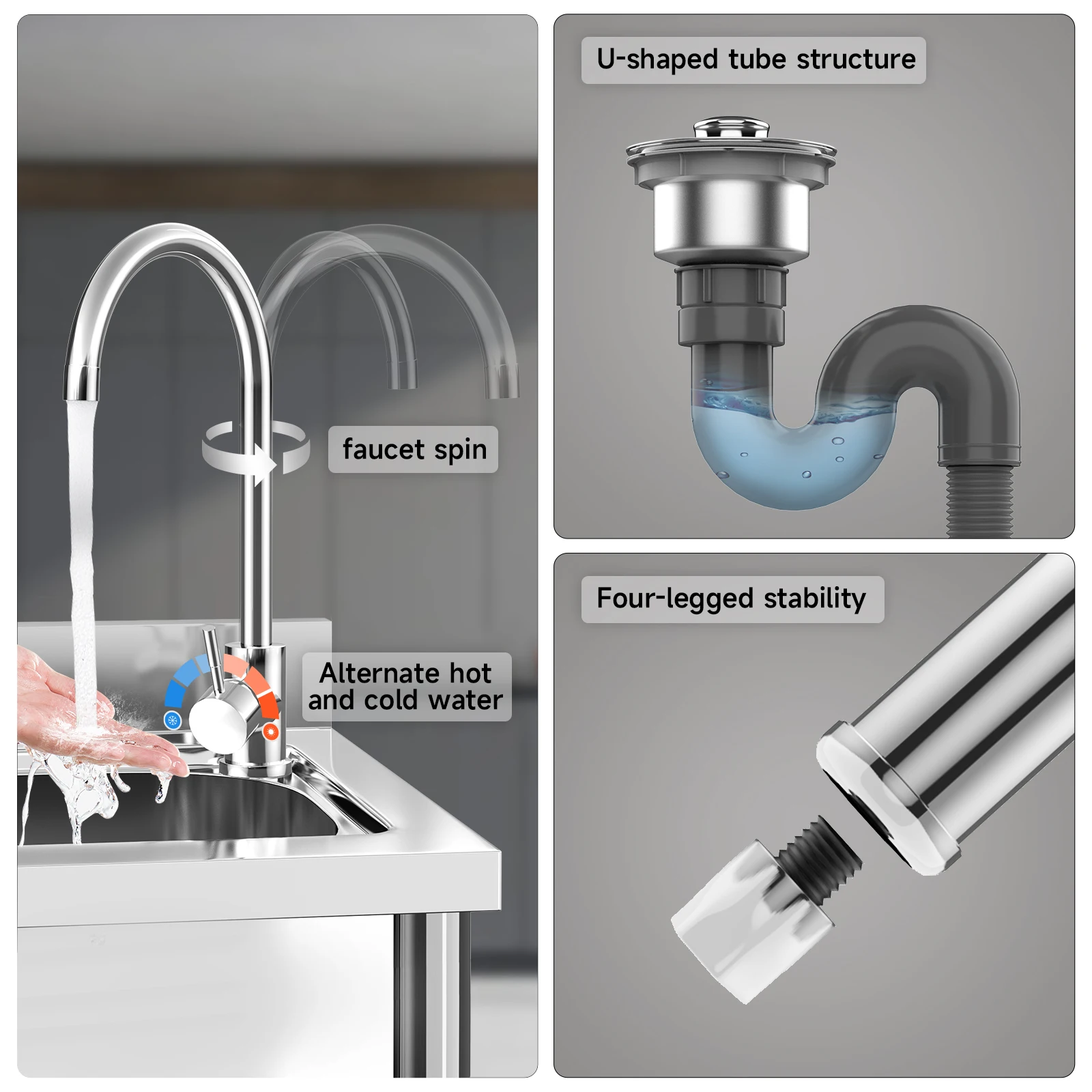 Stainless Steel Utility Sink 1 Compartment Free Standing Small Sink with Workbench, 20"D x 39"W Commercial Single Bowl Sinks