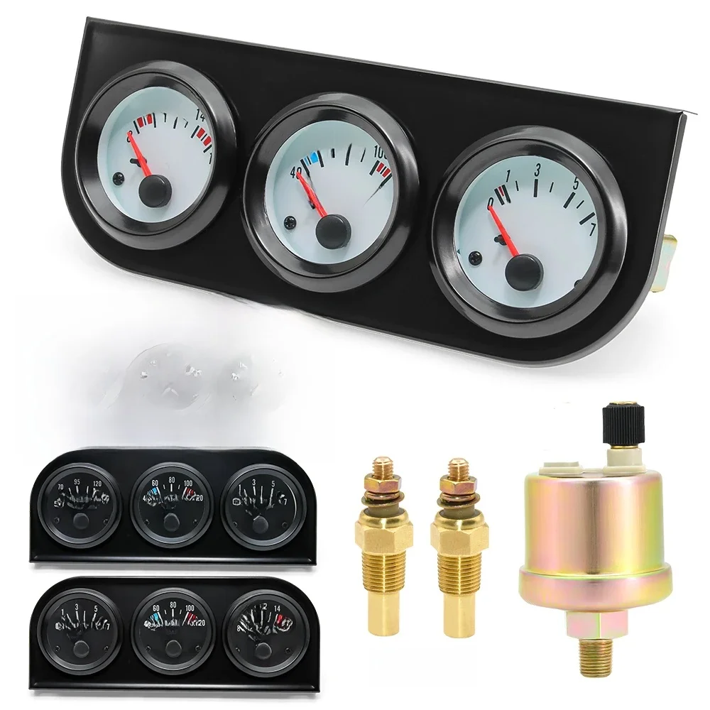 Jauge de température d'huile + pression d'huile + voltmètre 52mm 3 en 1, jauge de Modification de voiture, visage de lunette noir/chromé avec capteur de température et de presse personnalisé
