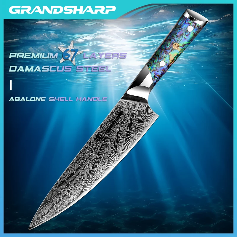 

Best Kitchen Knives 8 Inch Chef Knife AUS-10 Japanese Damascus Steel Cooking Tool Abalone Shell Handle Cutlery Cookware Blue NEW