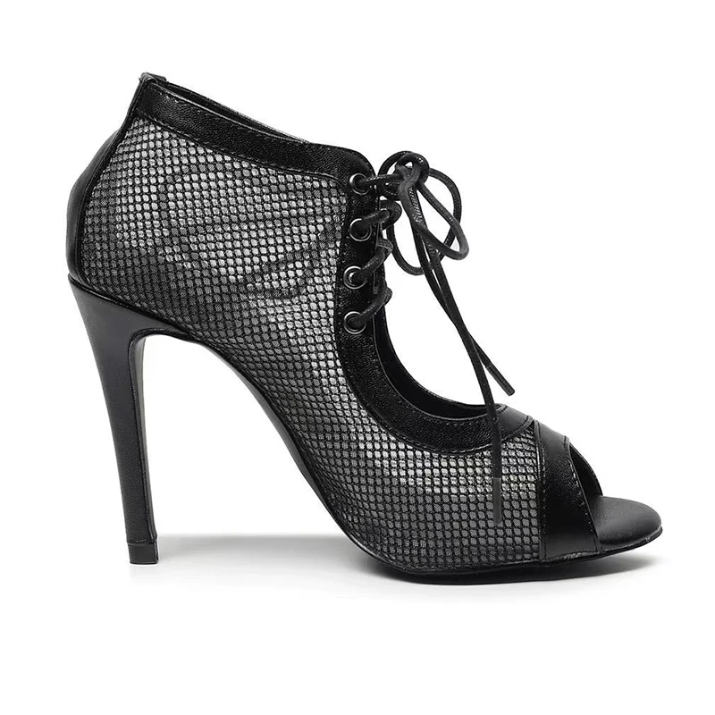 Woman Mesh Latin Ballroom Ankle Dance Botties Girls Lace Up Black Stiletto Bootie Women High Heels Dance 8.5cm 10cm 11cm