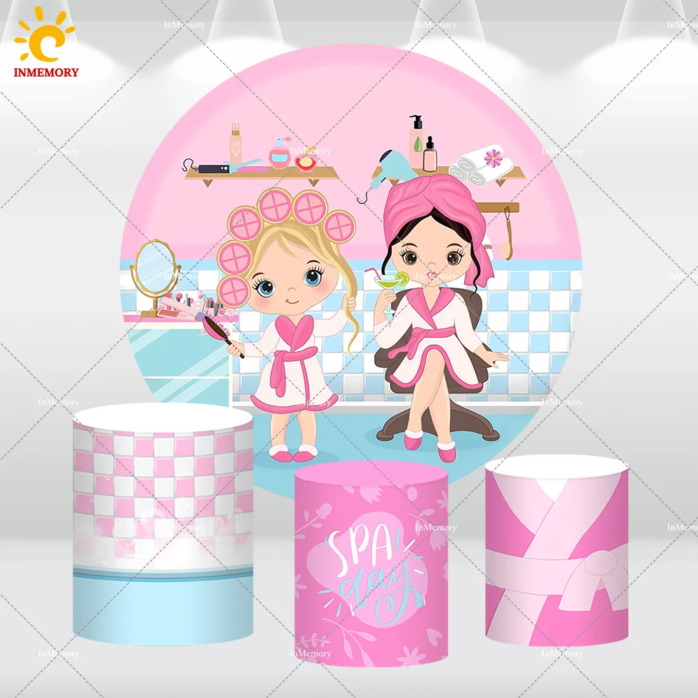 Spa Pary Round Circle Backdrop Cover Pink Girls Birthday Party Decoration Photo Background Cake Table Pedestal Covers