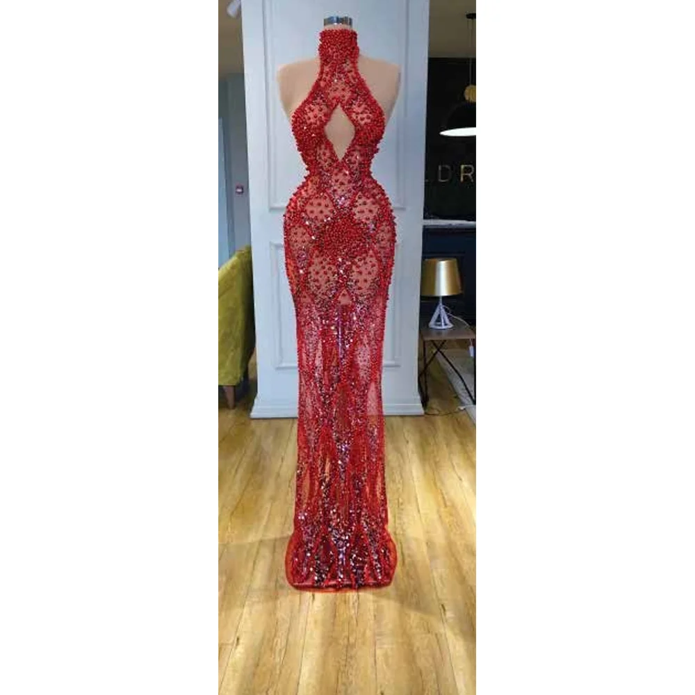 

Sexy Red Sleeveless Prom Dresses High Neck Sparkly Beads Cut-Out Floor-Length Evening Gowns For Women Custom Vestidos De Gala