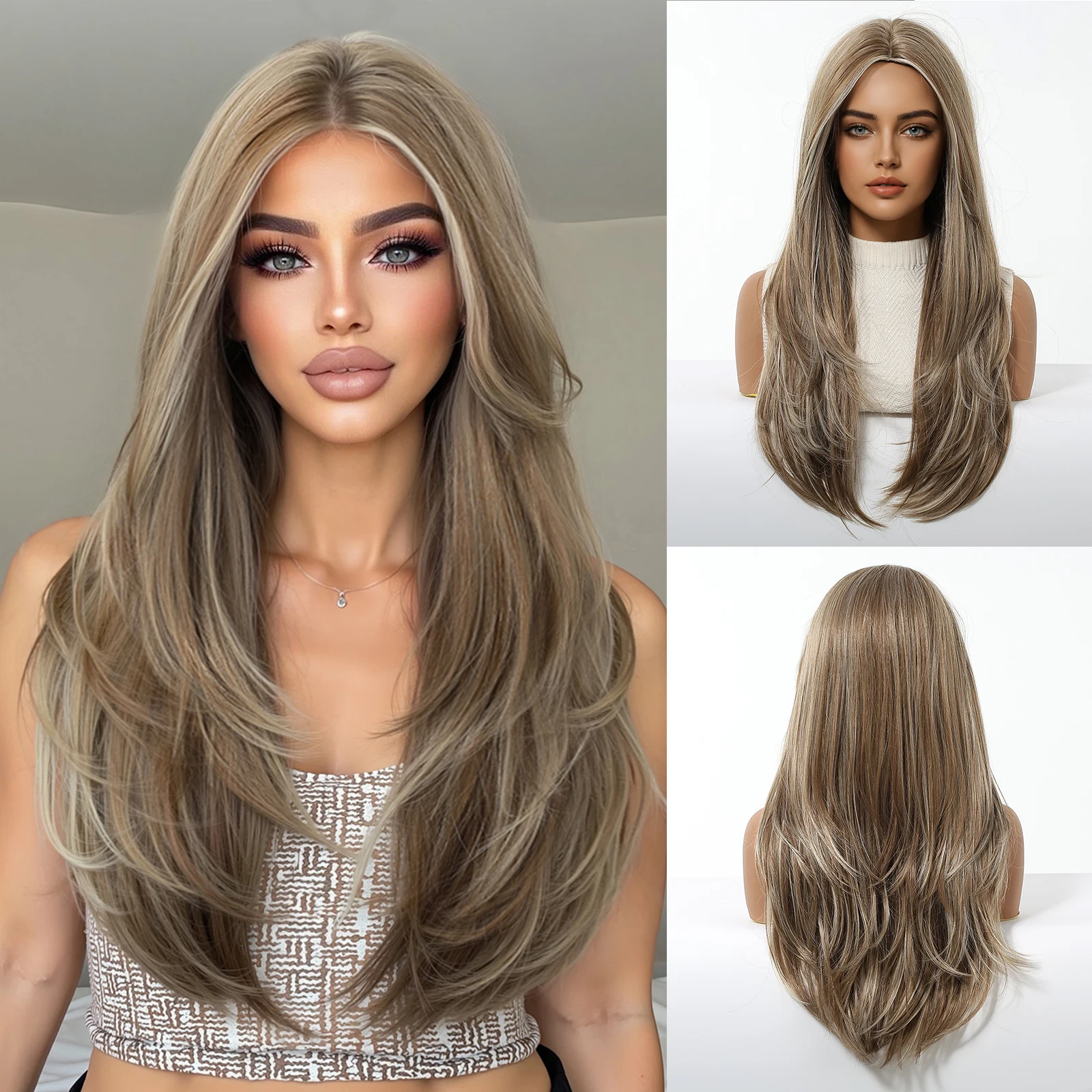 LOUIS FERRE Blonde Brown Synthetic Wigs Long Straight Fake Hair For Women Daily Cosplay Use Natural Layered Heat Resistant Wigs