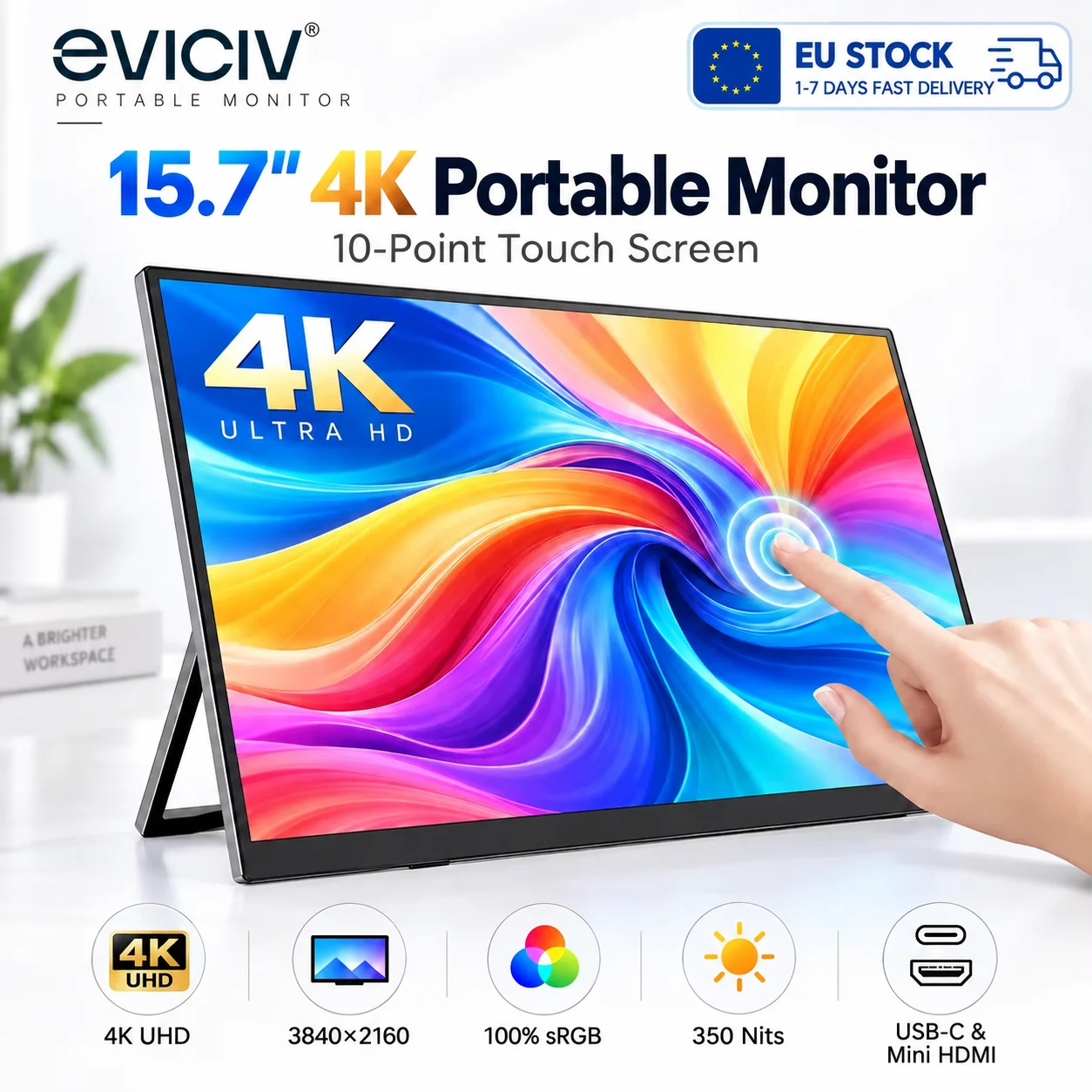 EVICIV Monitor portatile touchscreen da 15,7 pollici, risoluzione 4K, 10 punti di contatto, 3840×2160 UHD, 100% sRGB, 350 nit, USB-C, Mini HDMI, VESA, Smart Cover per laptop, PC e console di gioco.