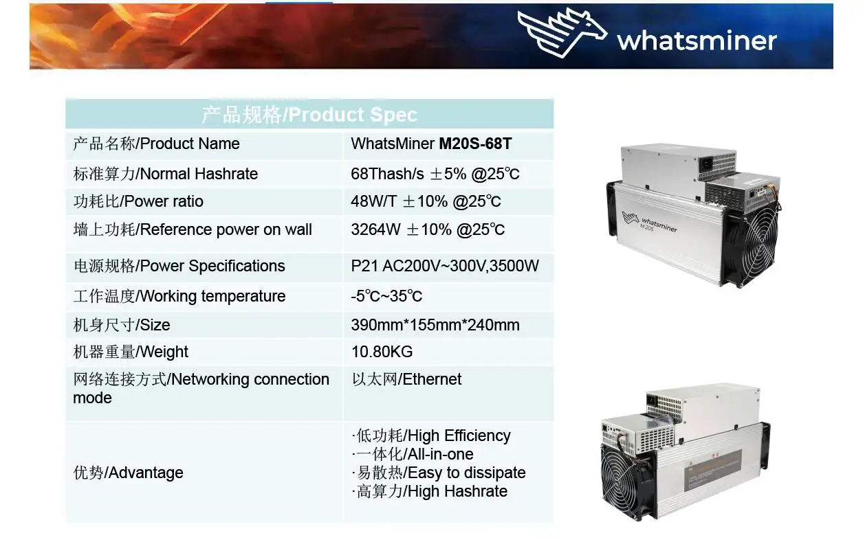 Imagem -02 - Mineiro Btc Whatsminer Usado M20s 68t Bitcoin Mineiro com Psu Melhor do Que Whatsminer m3 M3x M21 M21s Antminer s9 t9 Mais S15 S17 T17