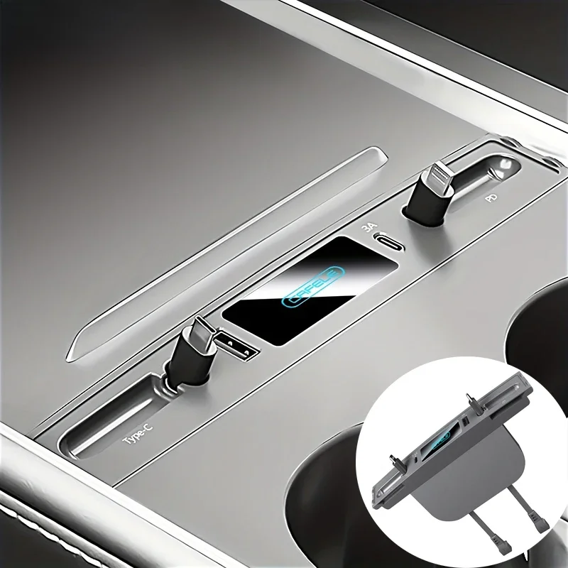 60W Quick Charger Retractable Hub Docking Station For Tesla Model 3Y 2021 2022 PD Car Adapter Central Control Splitter Extension