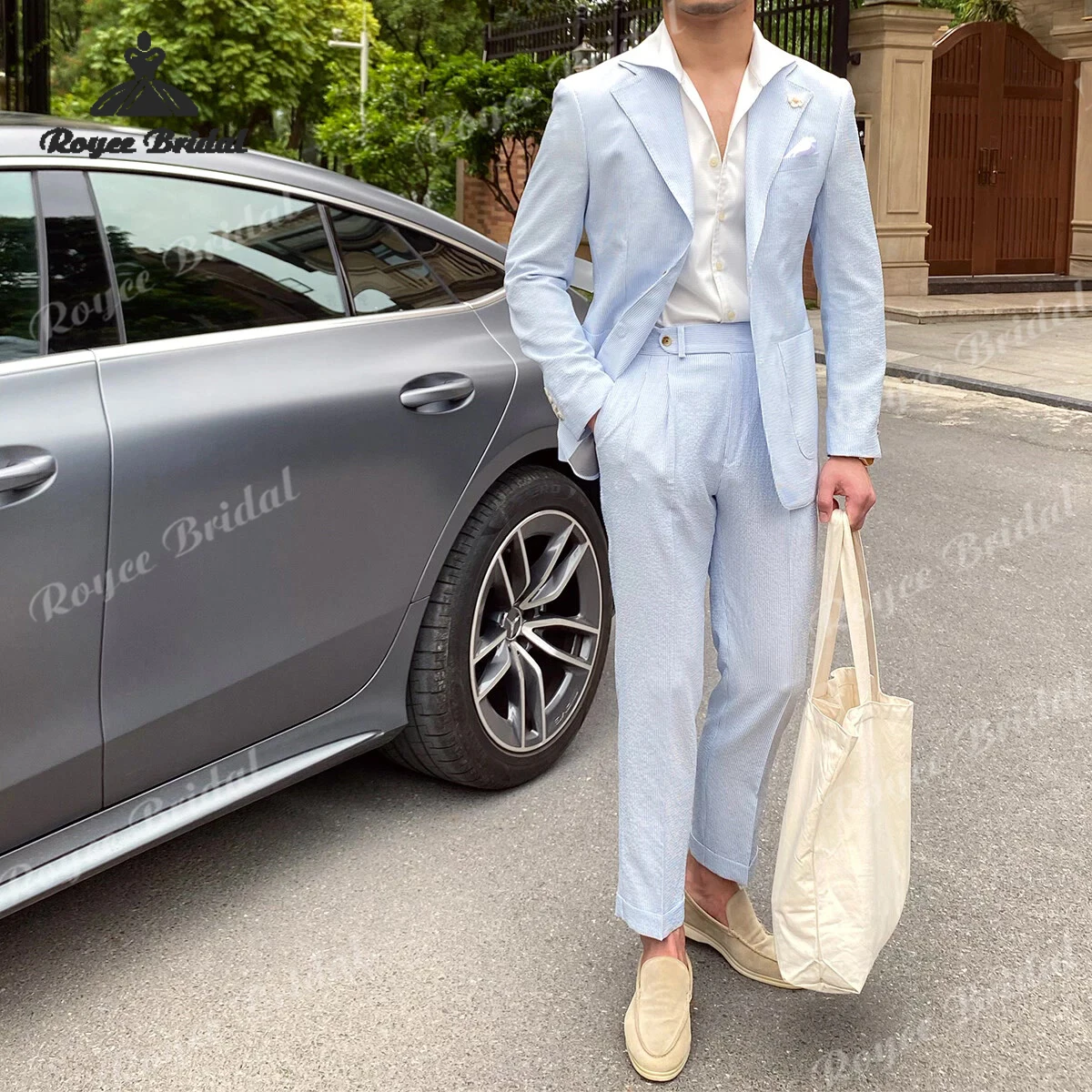 Seersucker Two Piece Single Breasted Men's Suit Wedding 2026 Notched Lapel Formal Evening Suit Customized trajes para hombre
