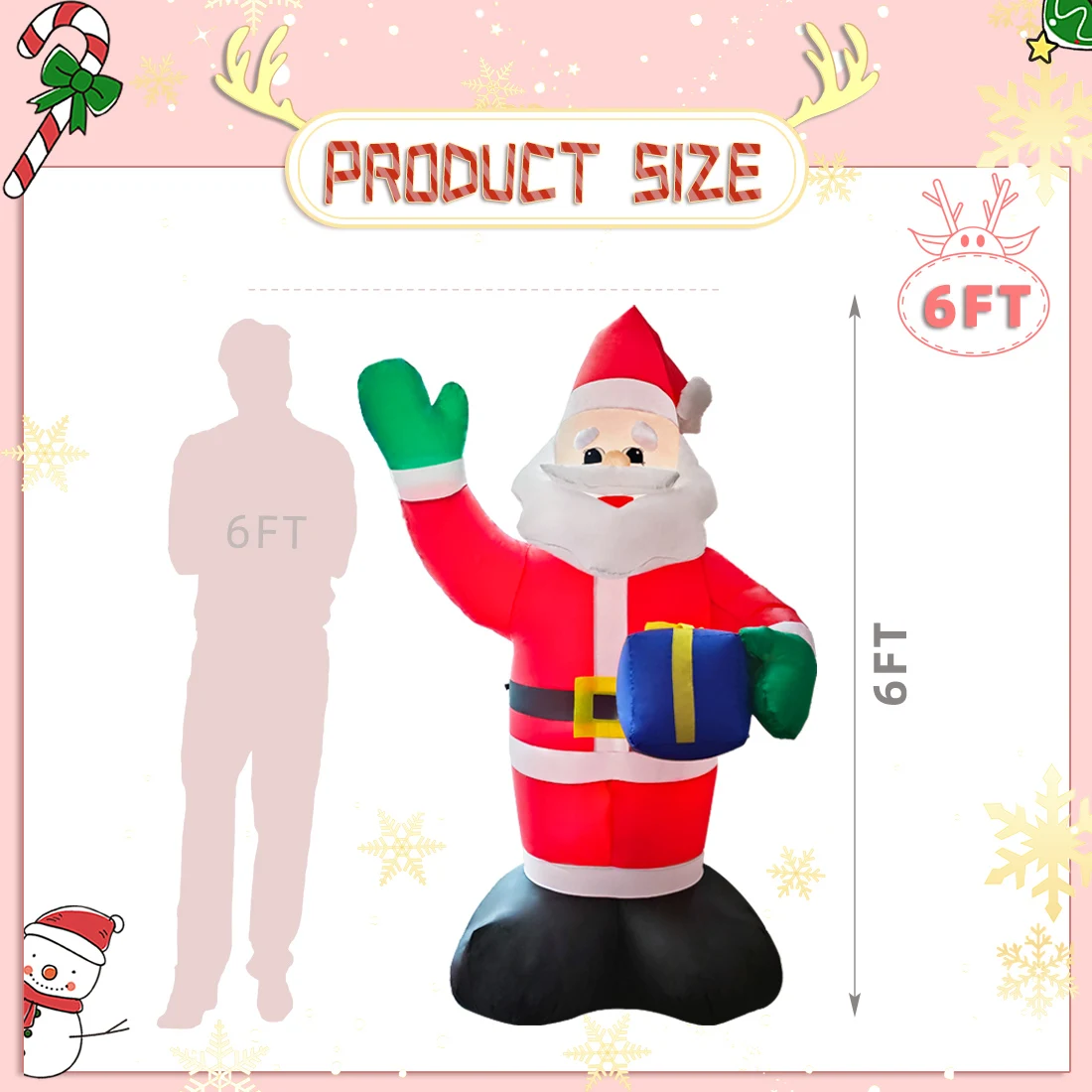 

Надувная фигура Санта-Клауса 6 футов (180 см) с подарком, уличные украшения с LED-подсветкой, Рождество 2025