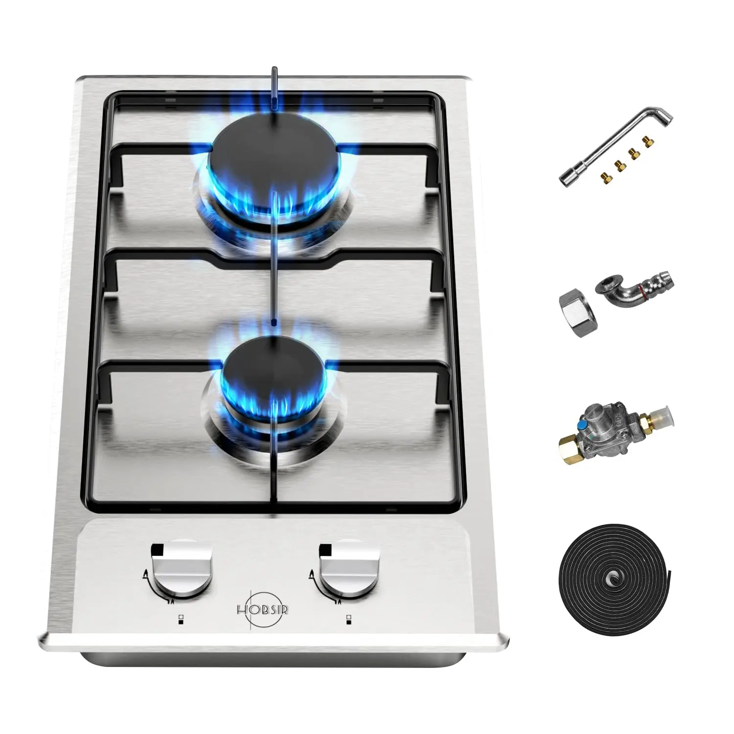 Hobsir 2 Burner 12 Inches Stainless Steel Built-in Gas Stove Top for LPG NG Dual Fuel，with Flame-out Protection for Apartmen