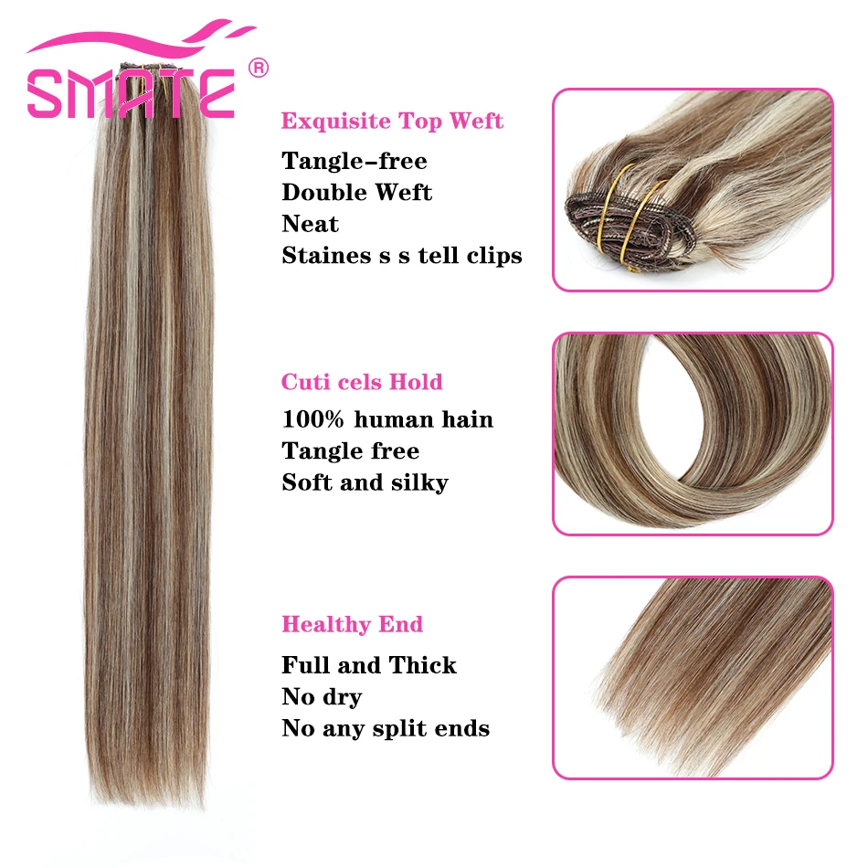 SMATE Straight Clip In Human Hair Extensions 10 Pcs Full Head Dark Brown Clip in Real Human Hair 20-24Inch 160G 200G