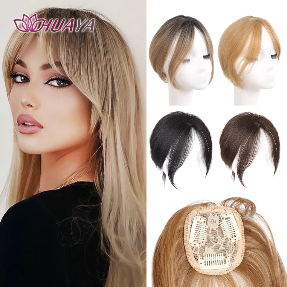 Synthetic Hair Topper With Middle-part Bangs  Brown Black Ombre Golden Invisible Toupee Hairpieces Top Hair Closures for Women