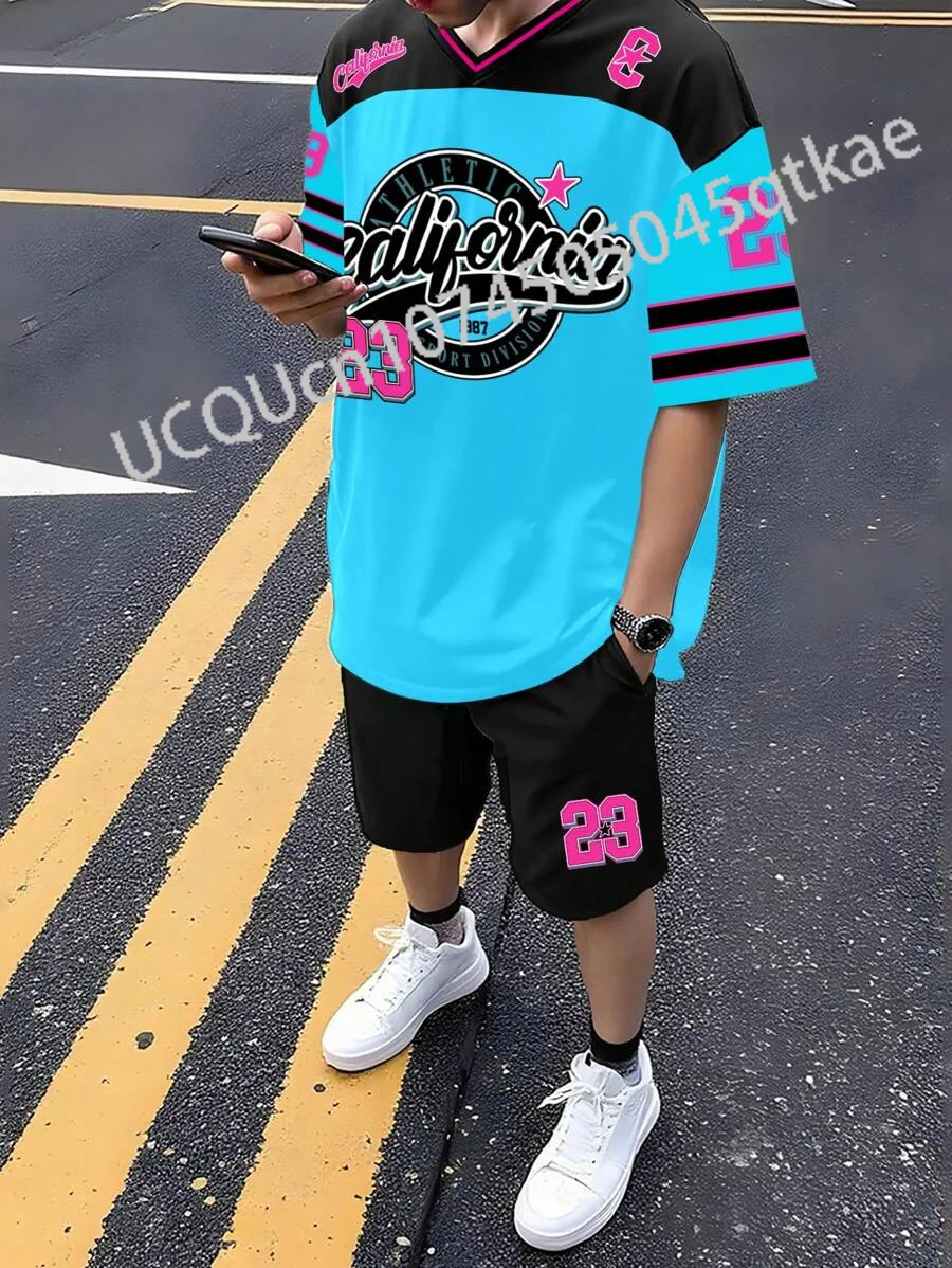 

Men's CALIFORN NO.23 Short Sleeve T-Shirt & Shorts Set V-neck Gradient Short Sleeved Women's T-shirt Shorts Set