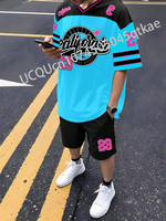 Men's CALIFORN NO.23 Short Sleeve T-Shirt & Shorts Set V-neck Gradient Short Sleeved Women's T-shirt Shorts Set