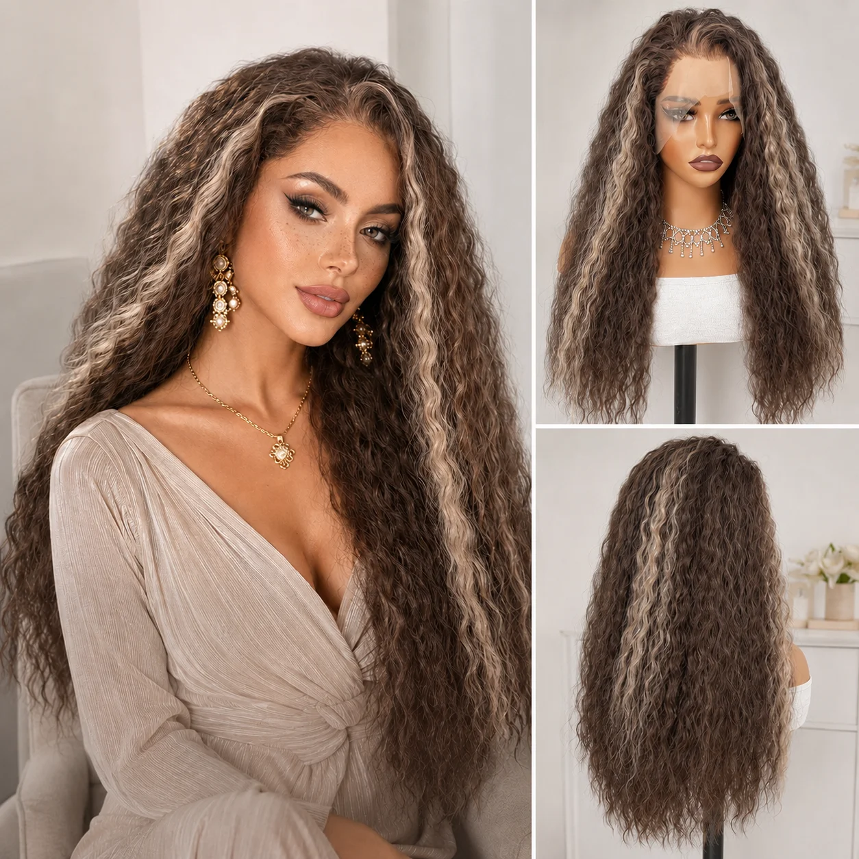 24 Inch 13*4 Ombre Curly Lace Front Wig Synthetic Dark Brown Mix Blonde Highlight 180% Density Deep Wave Frontal Wig