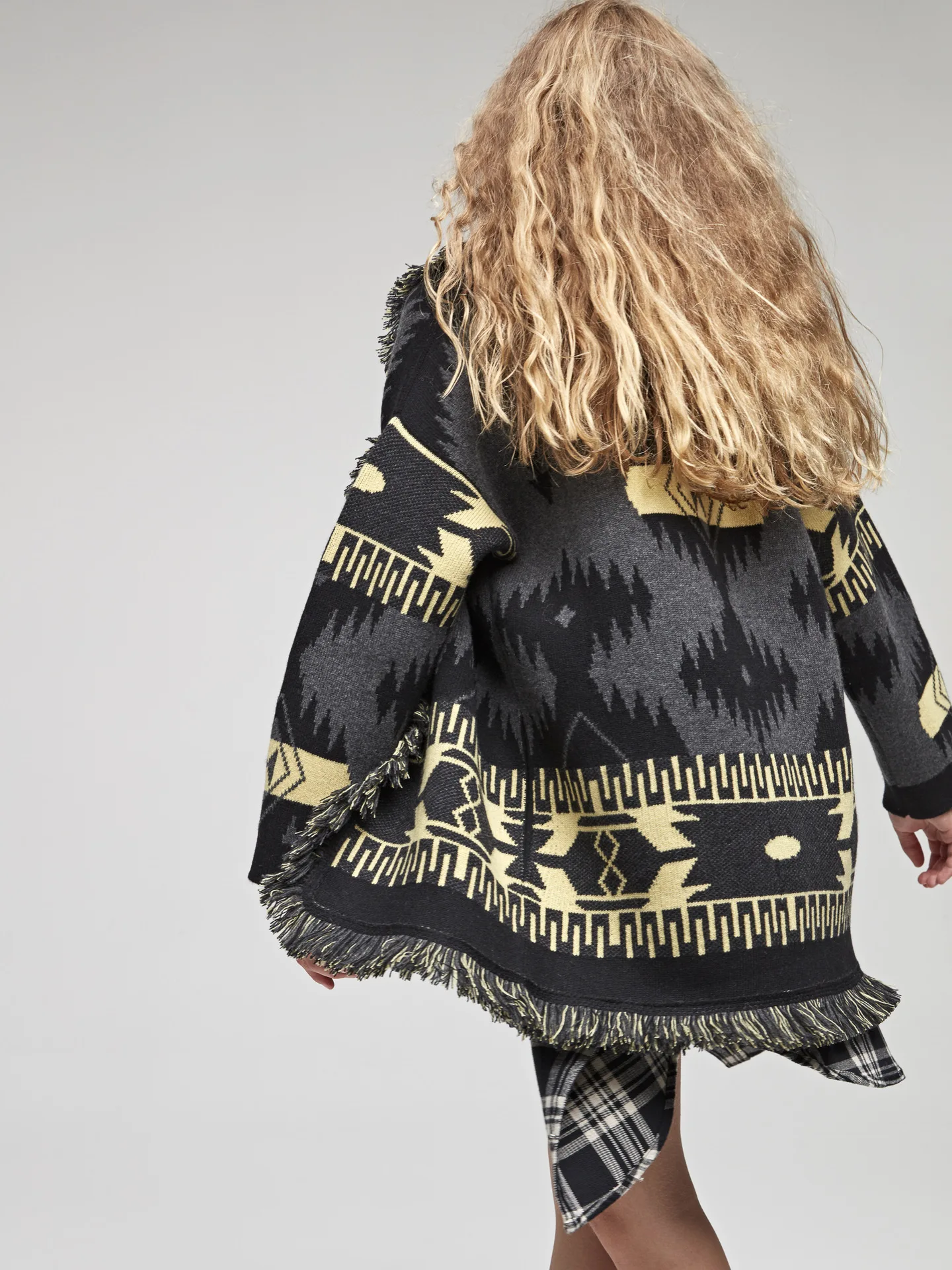Luxury Designer Inspired Winter Women\'s Jacquard Cashmere Wool Cardigan Tassel Oversize Black Sweater Bohemian Female Coat