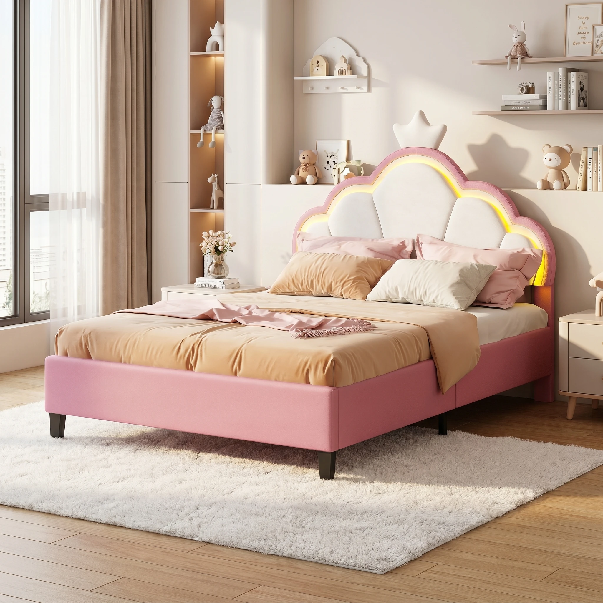 Anajqaqia 90x200cm Gepolstertes Einzelbett, Kinderbett mit Kronenförmigem Kopfteil und LED-Beleuchtung, Samtstoff, Rosa