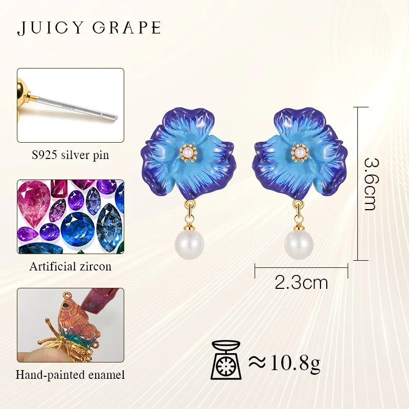 925 Silver Fashion Enamel Flower Earrings Women Temperament Blue Trumpet Flower Pearl Earrings Wedding Party Aesthetic Jewelry