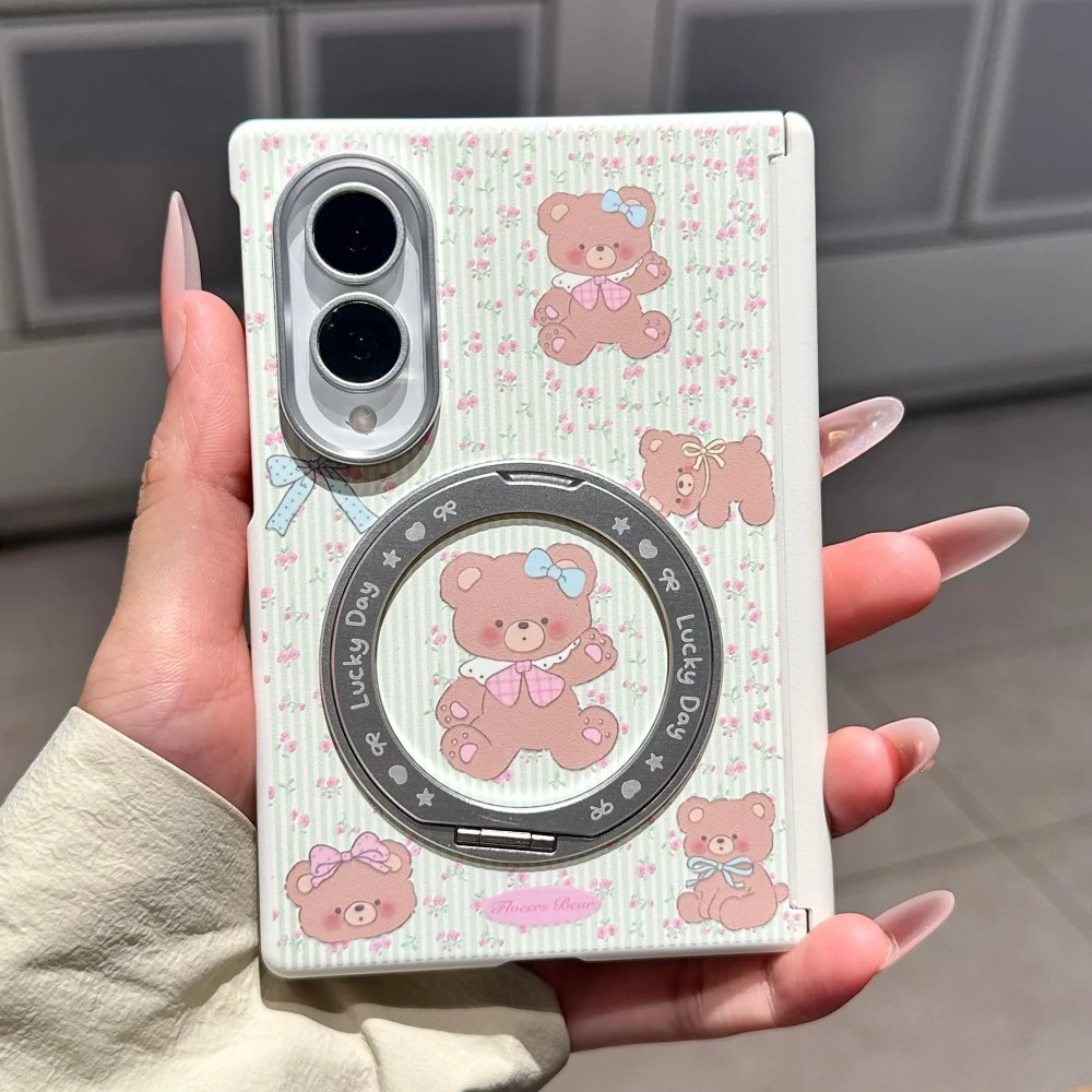 Cute Floral Striped Cartoon Bear Phone Case for Samsung Galaxy Z Fold 8 Cover Sweet Shockproof Protective Set with Magsafe Stand