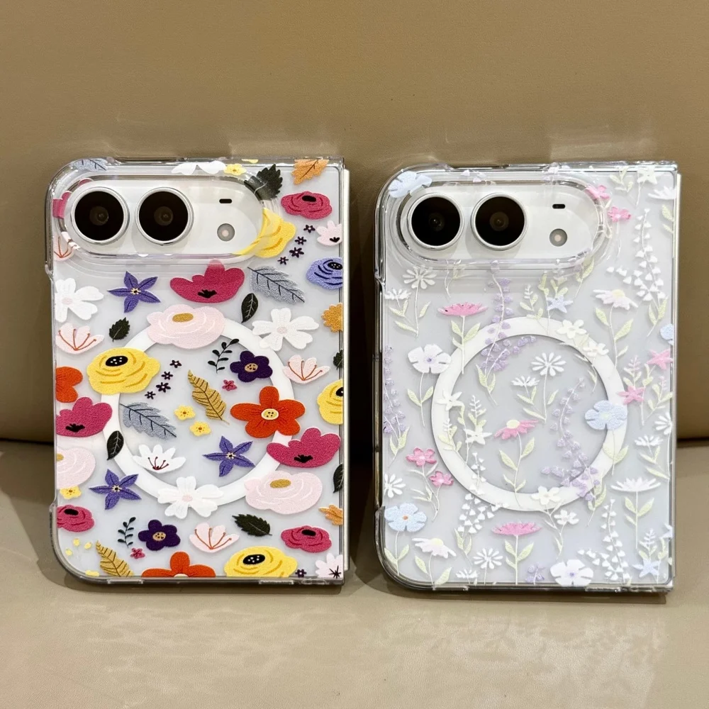 Korea Ins New Colorful Flower Magnetic Phone Case for iPhone Duo Foldable Anti-drop Protective Cover with MagSafe Holder Fashion