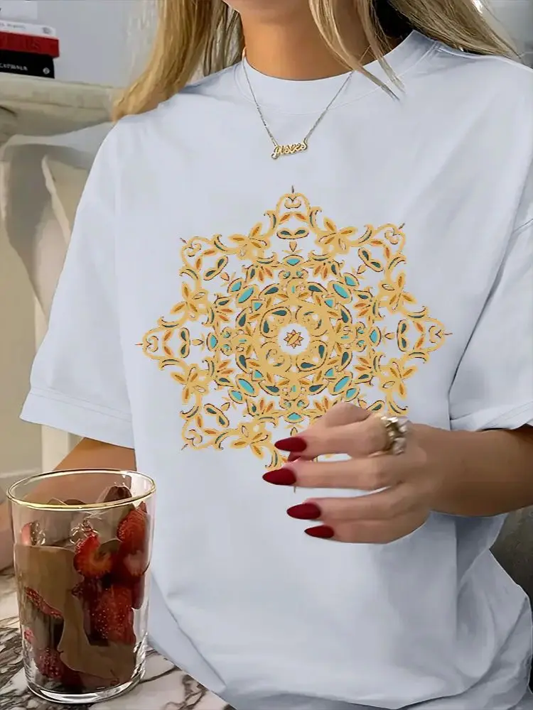 Golden Stained Glass Diancui Pattern Ethnic Style Minimalist Pattern Printed Pure Cotton Short Sleeve For Men And Women Summer