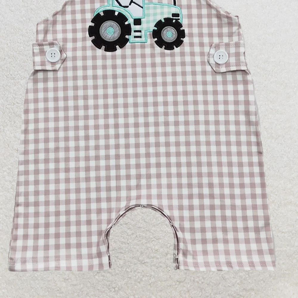 SR0631 Baby Boys Summer Rompers Baby Infant Boys Straps Tractor Khaki Chekered Summer Farm Rompers