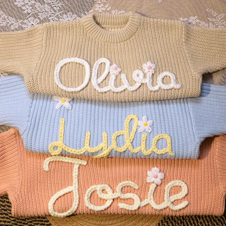 Custom Name Sweater Toddler Baby Chunky Embroidered Baby Girl Sweater Handmade Kids Jumper Customised Baby Gifts