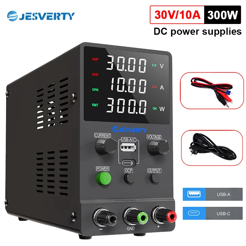 Jesverty OCP DC Adjustable Digital Display Lab Power Regulator 30V 10A Output Switch USB-A TYPE-C Port 120V3A