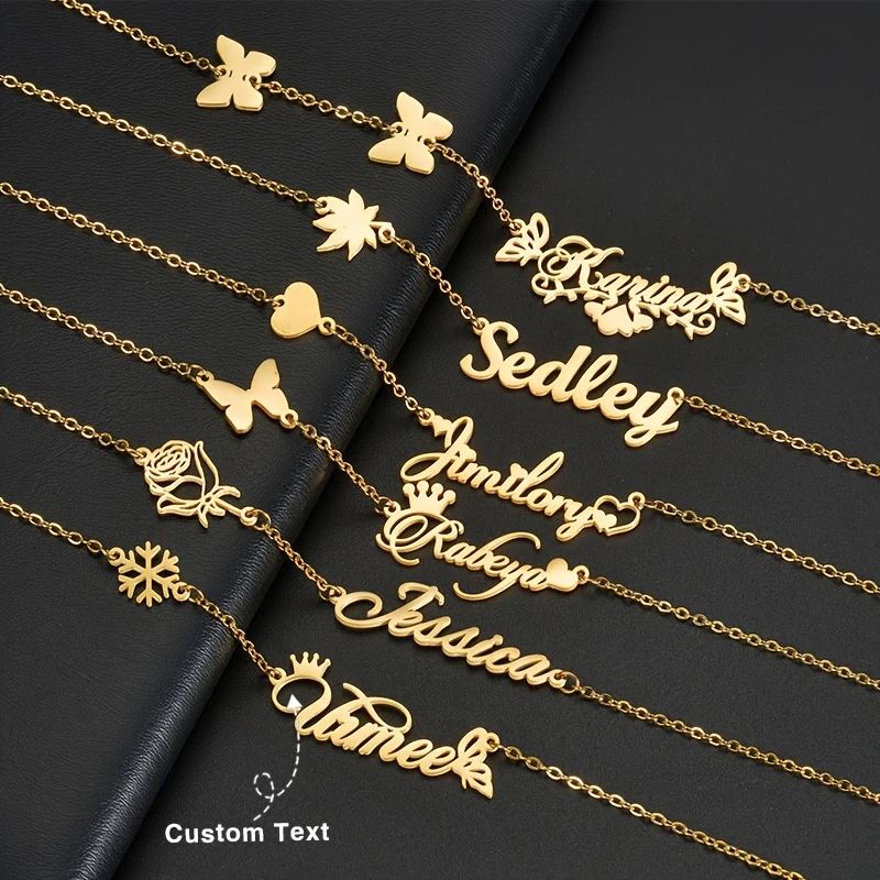 Personalized Letter Clavicle Chain Custom Stainless Steel Necklace With Butterfly Rose Heart Snowflake Maple Leaf Charms view 3