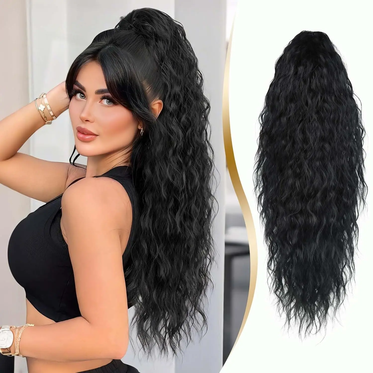 

26-дюймовые черные накладные хвосты-шиньоны с заколкой-крабом, волнистые, из синтетического волокна, подходят для женщин.