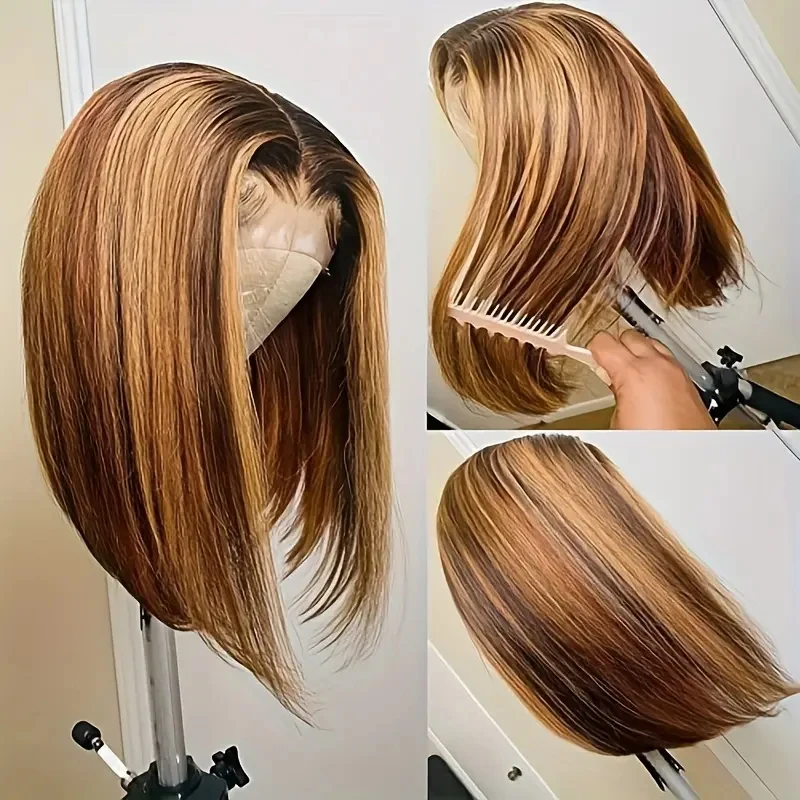 Honey Gold Highlighter Human Hair Bob Wig, Straight Front Wig, Pré-dessiné, Densité 4/27, Ultraviolet, 10-16 ", 13x4, 180