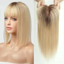 Ombre Blonde Hair Toppers for Women 100% Remy Human Hair Topper with Bang Silk Base Clip in Topper Hair Extension with thin hair