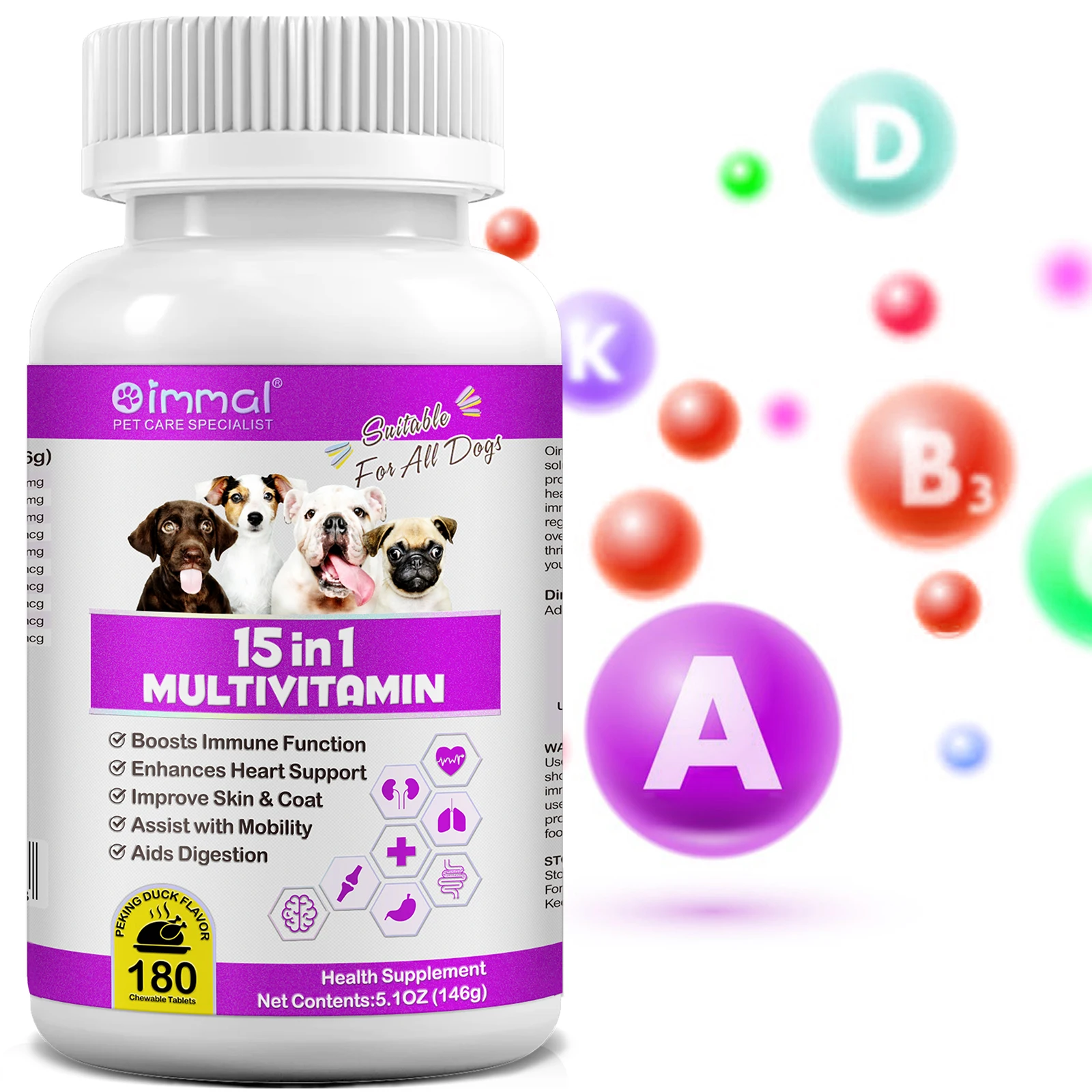 15 in 1 Multivitamin 180 Chewable Tablets Suitable For All Dogs Boosts Immune Function Enhances Heart Support Peking Duck Flavor