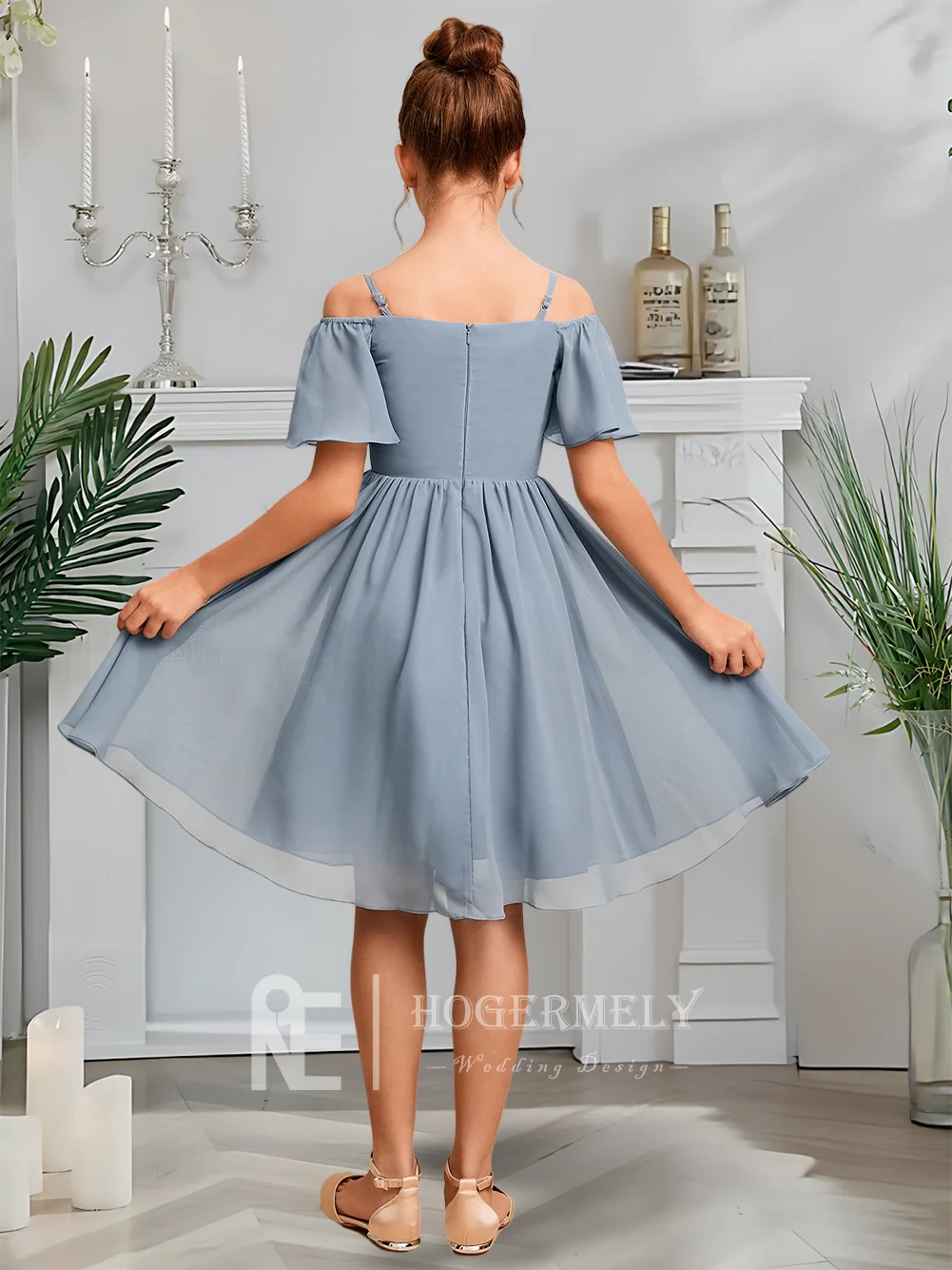 

A Blue Cold Shoulder Junior Bridesmaid Dress Flower Girl Dress Chiffon A Line Knee Length For Girls Party Wedding Formal Wear