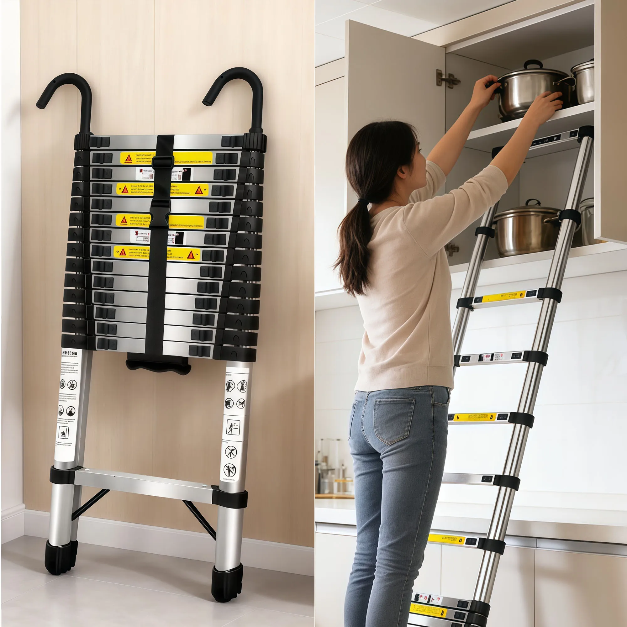 Échelle télescopique en acier inoxydable de 2,6 m à 6,3 m, crochets et barre stabilisatrice détachables, certifiée EN131, capacité de charge de 150 kg, échelle rétractable portable à un bouton, antidérapante, polyvalente pour l'intérieur et l'extérieur