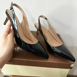 Onlymaker Woman Spring Slingbacks 6cm High Heels Pumps Big Size Pointed Toe Patent Leather Pumps Mid Heel Sandals