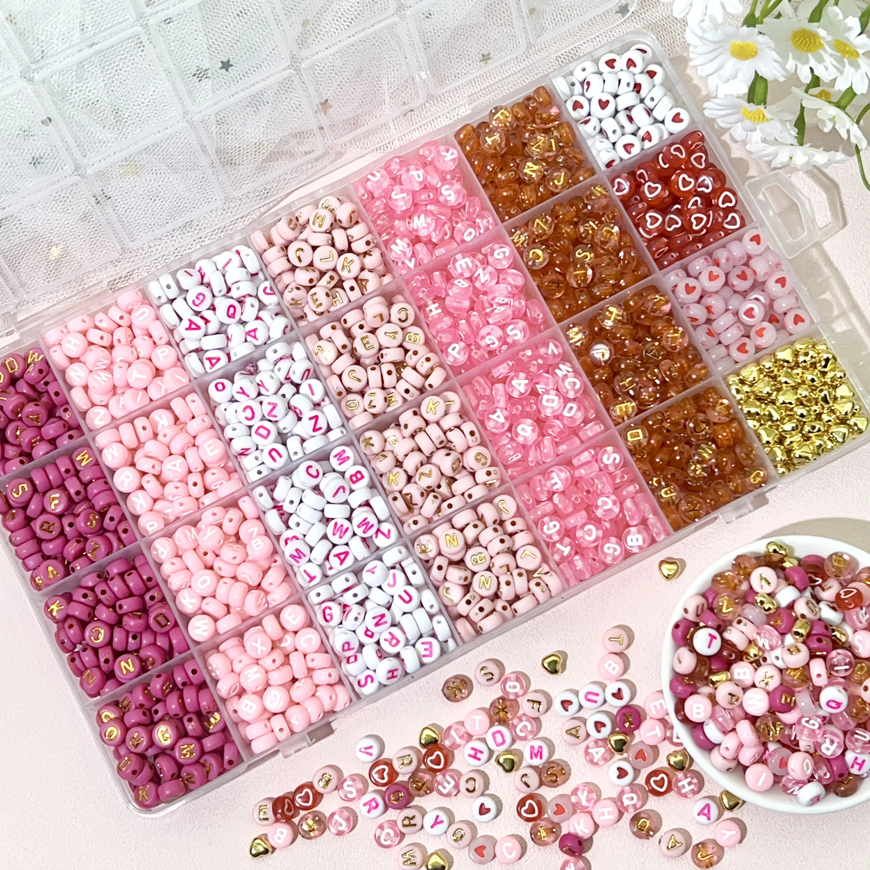 300/840pcs Pink, Red & White, Golden Letter & Heart Acrylic Beads Set - Jewelry Making Kit for DIY Bracelets, Necklaces image 5