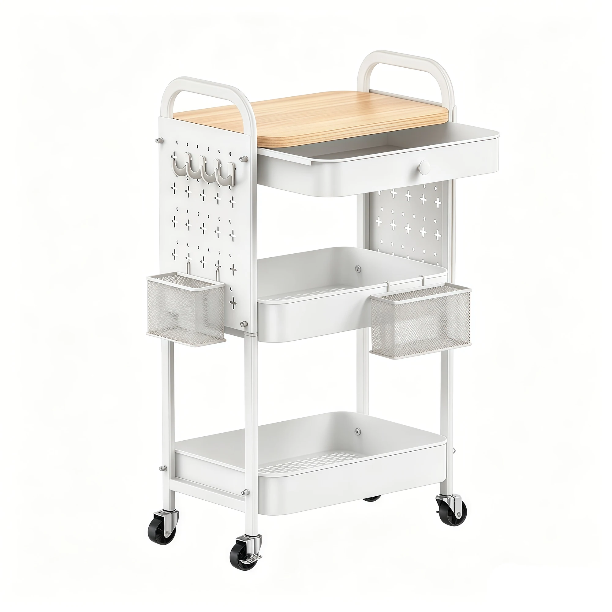 Multifunctionele opbergwagen met MDF-afdekking en ABS-laden, rollende metalen trolley met pegboard, stabiele organizer met vaste wielen voor thuis en op de werkplek