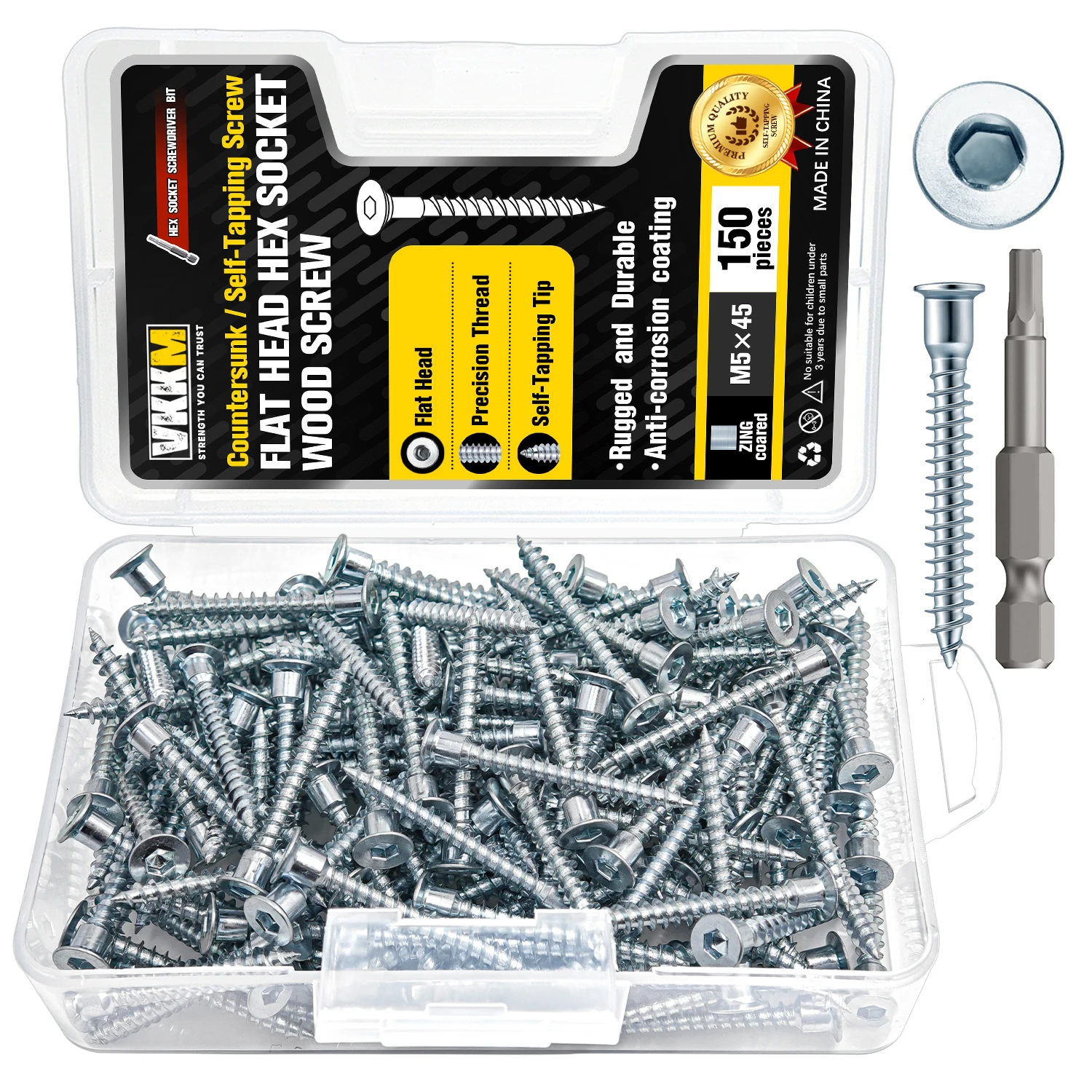 VKKM 150Pcs M5×45mm Flat Head Hex Socket Wood Screws, Zinc Plated Self-Tapping Countersunk Furniture Screws with Free Hex Drill Bit for Cabinet, Woodworking, Furniture Repair