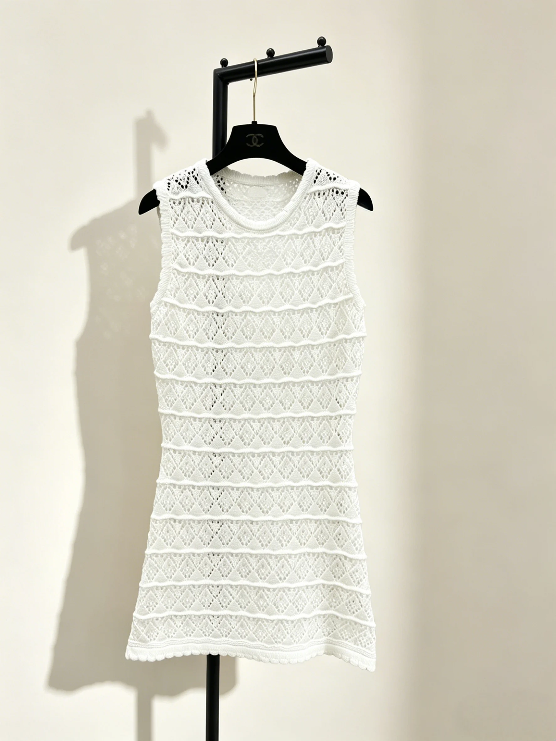 

2026 New Ladies Hollow Out Knit Dress Size M L Slim Fit White Crochet Sleeveless Mini Dress Sode 025