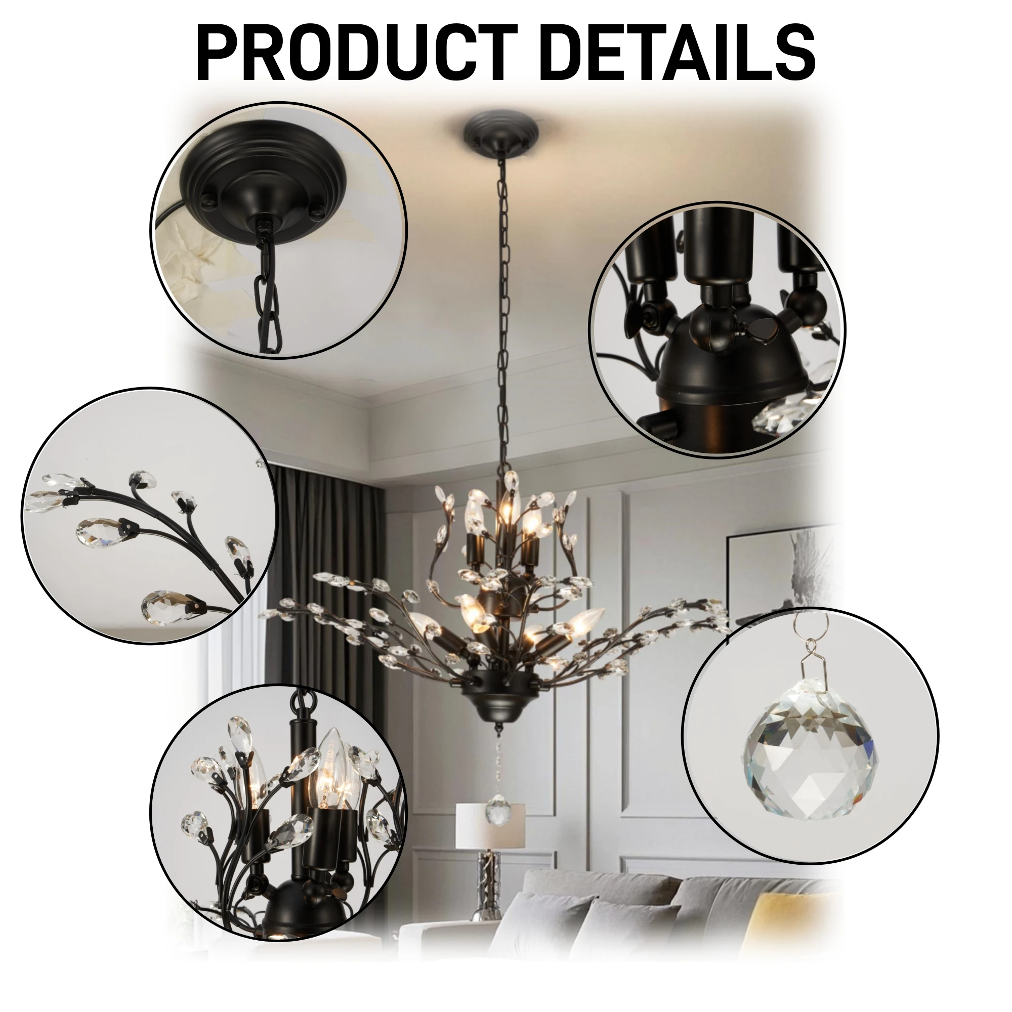 ثريا كريستال نباتية حديثة مقاس 30 بوصة مع 7 مصابيح، مناسبة لغرف النوم وغرف المعيشة.