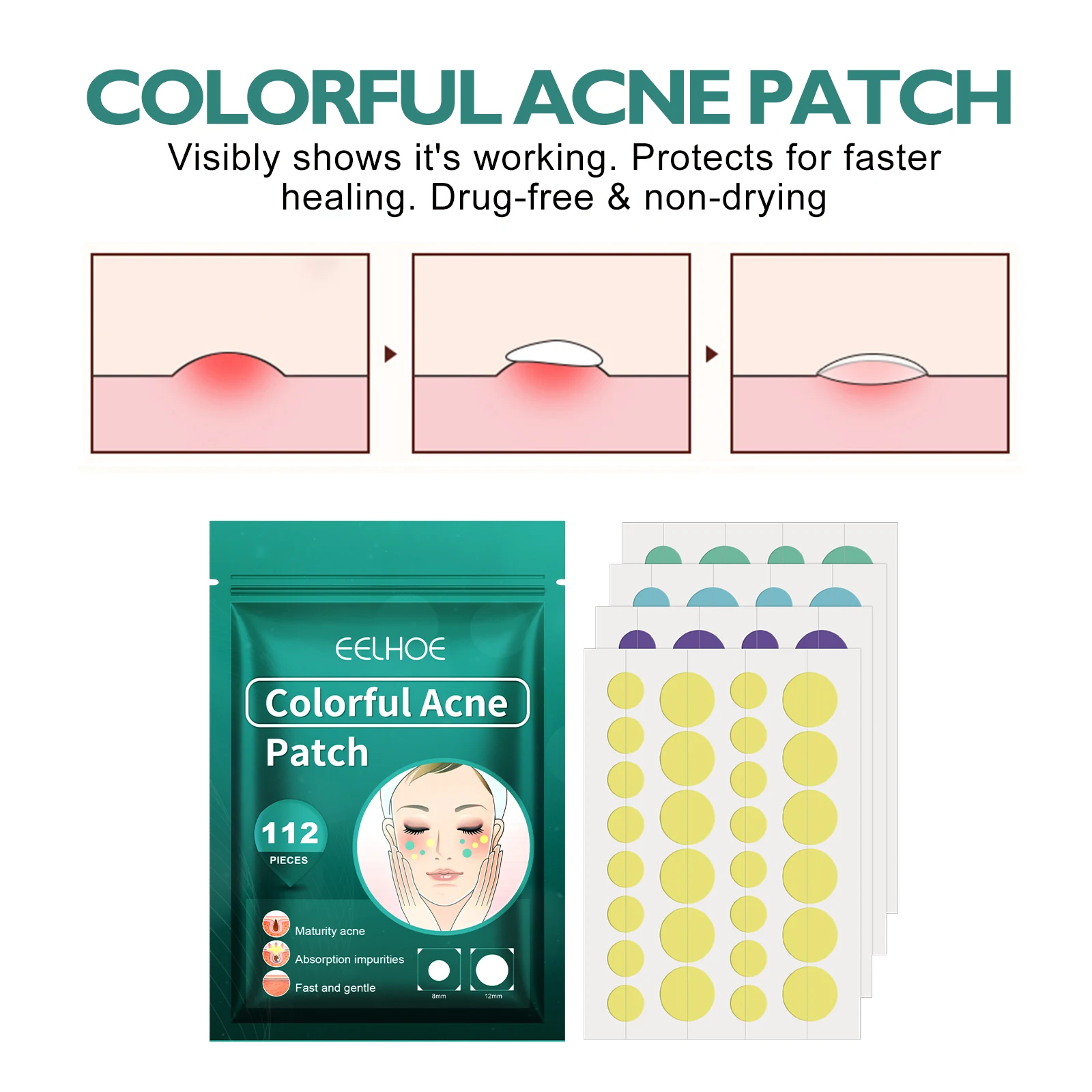 Eelhoe 112 قطعة بقع حب الشباب الملونة على شكل دائري تطهير شوائب الوجه حب الشباب نظيفة المسام غطاء بثرة توازن الجلد حب الشباب التصحيح